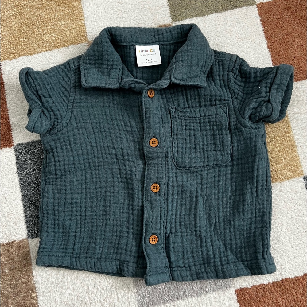 Little Co. Kids Dark Teal Muslin Matching Set - Short Sleeve Shirt & Shorts - Picture 2 of 3